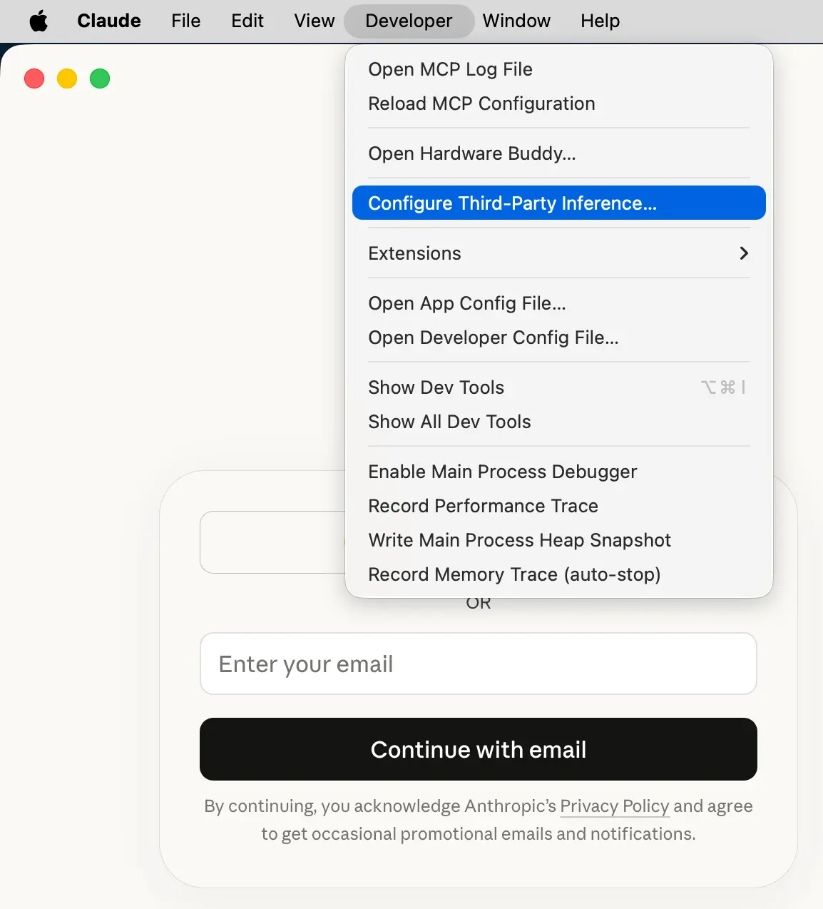 Developer menu with Configure Third-Party Inference