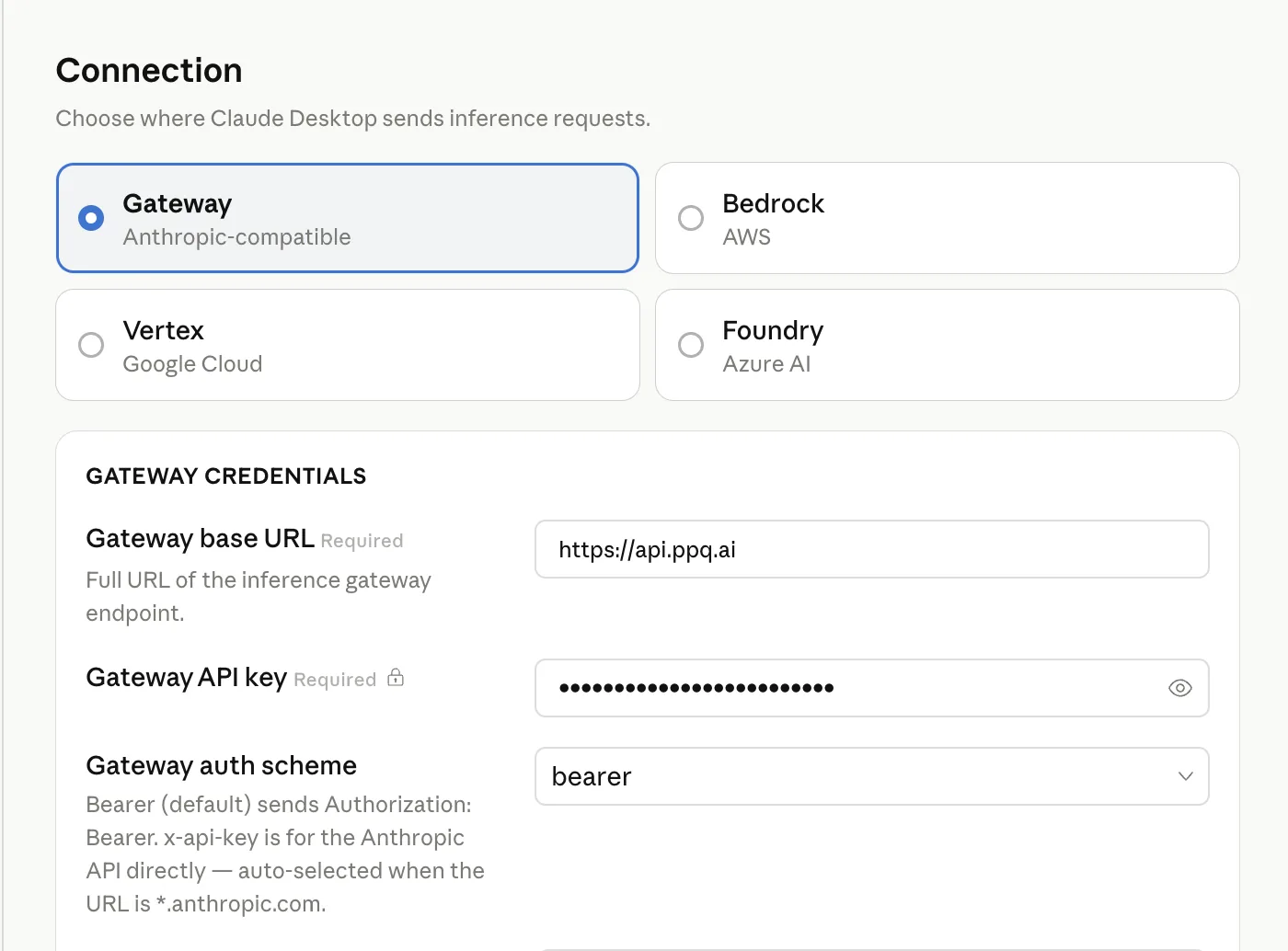 Third-Party Inference panel with PayPerQ gateway credentials