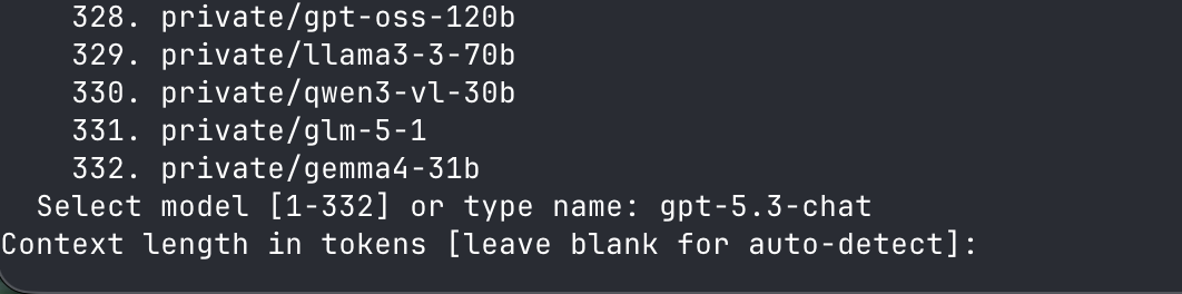 Model selection list with gpt-5.3-chat typed